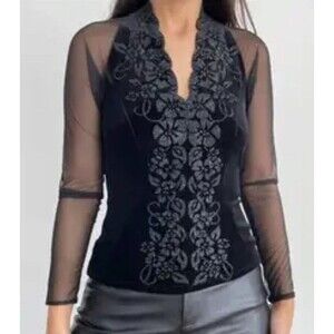 Y2K Babydoll Witchy Vamp Dark Romantic Top Mesh Sheer Blouse Beaded Black